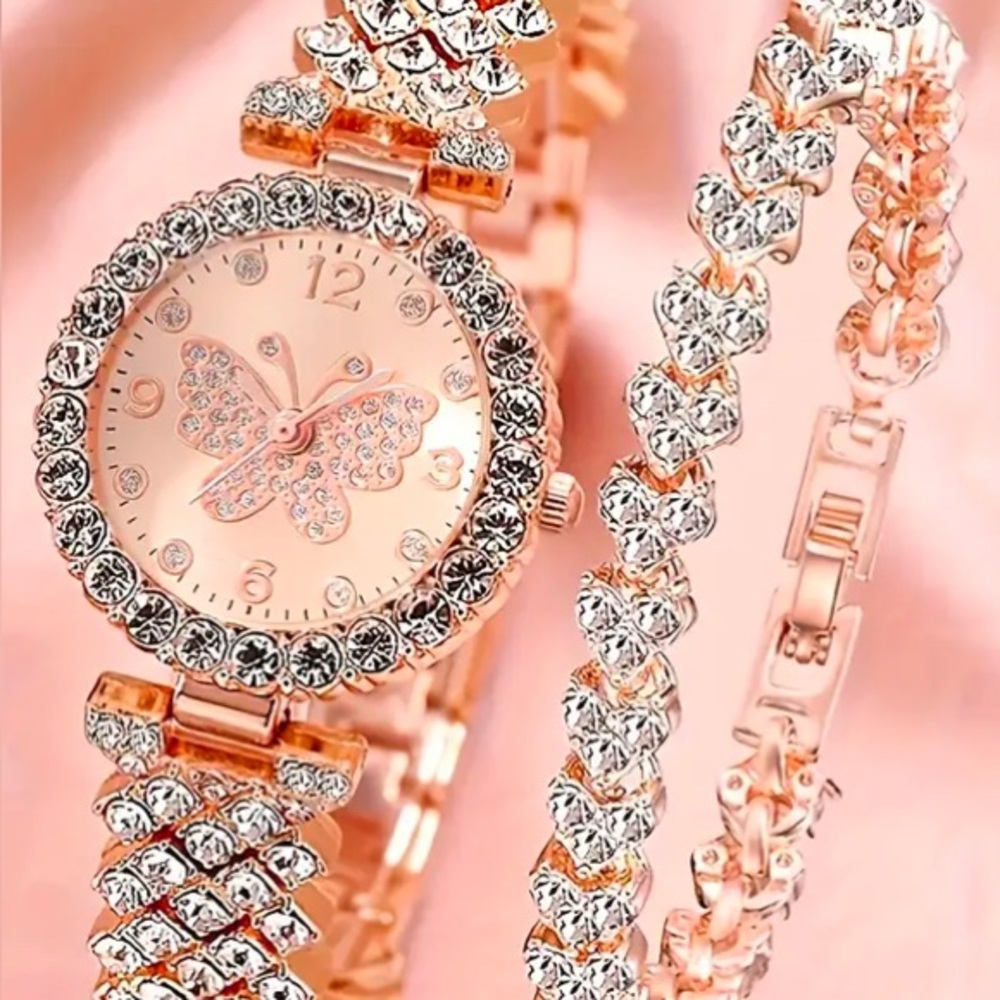Elegant Rose Gold Butterfly Watch and Bracelet Set